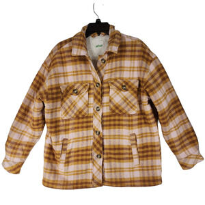 Aerie Shacket Shirt Jacket XS Womens Plaid Flannel Sherpa Lined Button Caramel